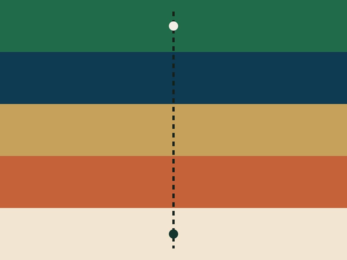Ilustração em faixas de paisagem, do verde ao sul, com uma linha de rota.