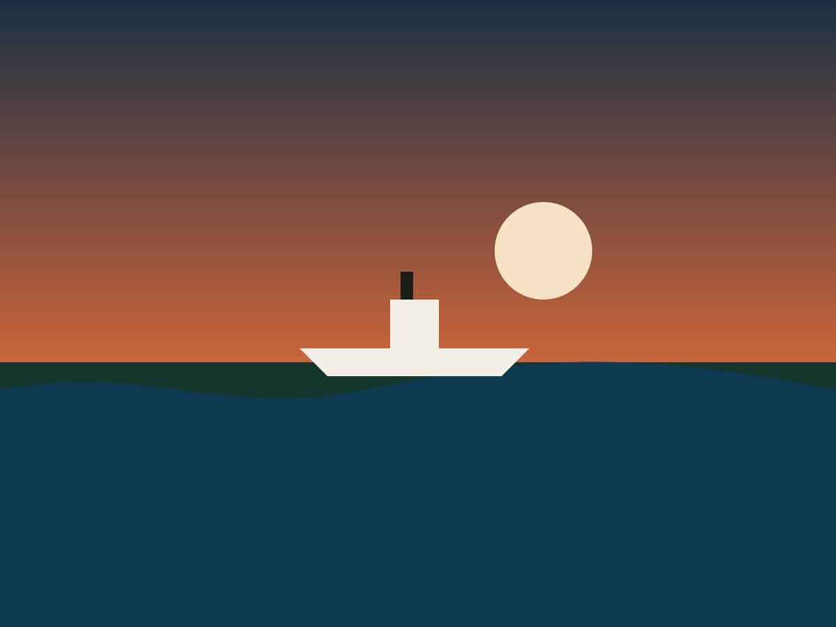 Ilustração de horizonte marinho ao anoitecer, com um navio ao longe.